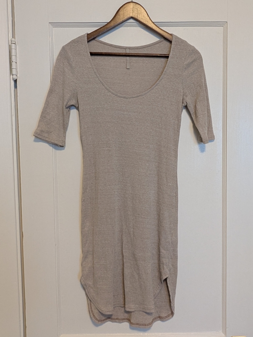 Light Beige Large Ribbed Scoop Neck Mini Dress
